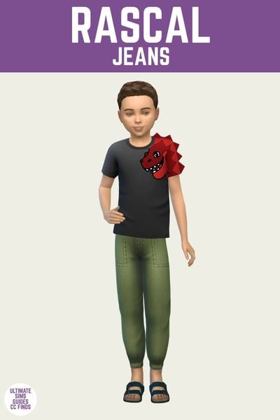 This is a product image for an item from The Playground Set by Joliebean. This image has a purple bar at the top with white text that says "Rascal Jeans" and below is a male sim child posing. They have brown hair, a black t-shirt with a dinosaur on the one arm, and green jeans and sandals. 