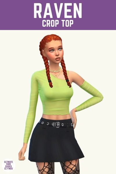 This image has a purple bar at the top with white text that says "Raven Crop Top" and below is a sim with red hair. She has a black mini skirt and a green crop top with long sleeves. 
