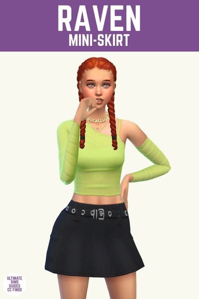 This image has a purple bar at the top with white text that says "Raven Mini-Skirt" and below is a sim posing. They are wearing a green top, and a black mini skirt. 