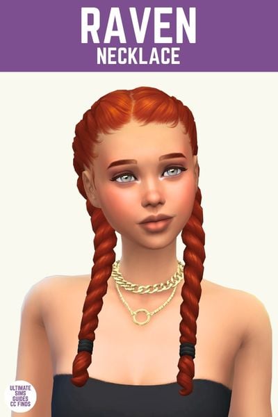 This image has a purple bar at the top with white text that says "Raven Necklace" and below is a sim wearing a black strapless top and their red hair in braids. They are wearing a chunky necklace. 