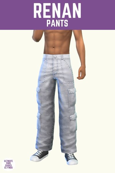 This image has a purple bar at the top with white text that says "Renan Pants" and below is a sim from the waist down wearing white cargo pants. 