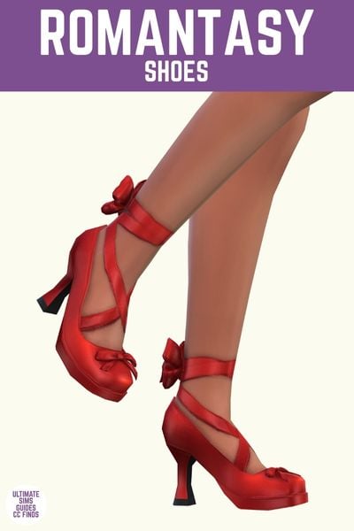 This image has a purple bar at the top with white text that says "Romantasy Shoes" and below is a close up of a sim's calves and feet. They are wearing red shoes with ribbons and bows 