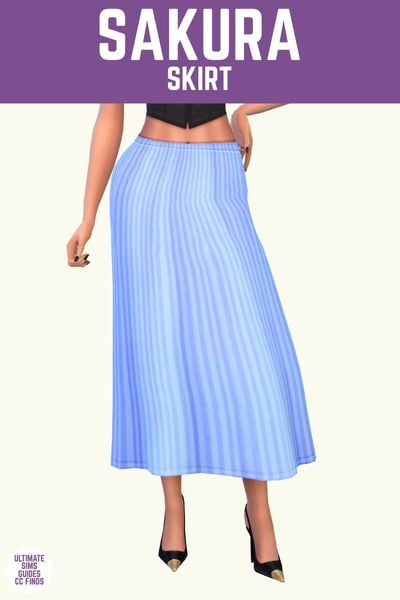 This image has a purple bar at the top with white text that says "Sakura Skirt" and below is a sim wearing a blue ribbed midi skirt