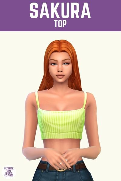 This image has a purple bar at the top with white text that says "Sakura Top" and below is a sim from the waist up with red hair wearing a cropped tank top in green 