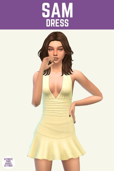 This is a product image for a cc piece from The Sunday Set. This image has a purple bar at the top with white text that says "Sam Dress" and below is a sim with brown hair wearing a light yellow halter top mini-dress. 