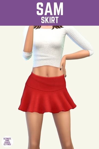 This is a product image for a cc piece from The Sunday Set. This image has a purple bar at the top with white text that says "Sam Skirt" and below is a sim from the knees to the shoulders. They are wearing a white knit 3/4 length top and a red mini skirt. 
