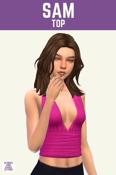 This is a product image for a cc piece from The Sunday Set. This image has a purple bar at the top with white text that says "Sam Top" and below is a sim posed from the waist up. The sim is wearing a black skirt, a hot pink halter top and they have brown hair and lots of blush 