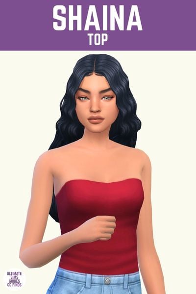 This image has a purple bar at the top with white text that says "Shaina Top" and below is a sim with black wavy hair and a red tube top
