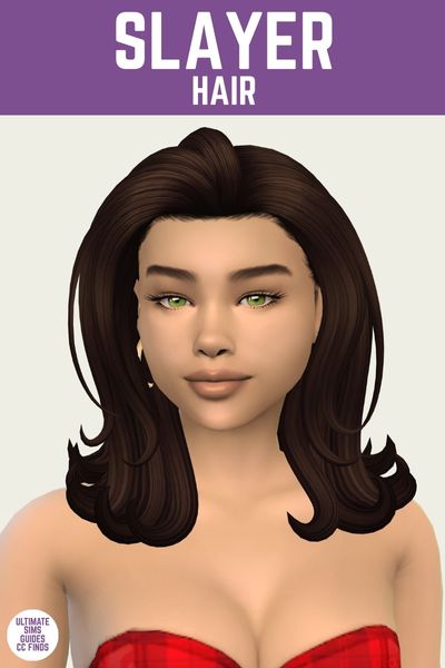This is a product image for custom content from the IT Girl Collection. This image has a purple bar at the top with white text that says "Slayer Hair" and below is a sim with shoulder length hair