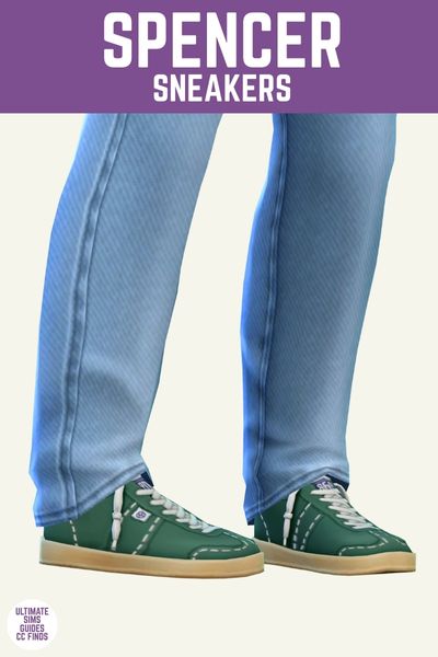 This is a product image for items from the vetier collection of sims cc. This image has a purple bar at the top with white text that says "Spencer Sneakers" and below is a close up of a sim's legs from the knee down. They are wearing light blue jeans and green sneakers with white details. 