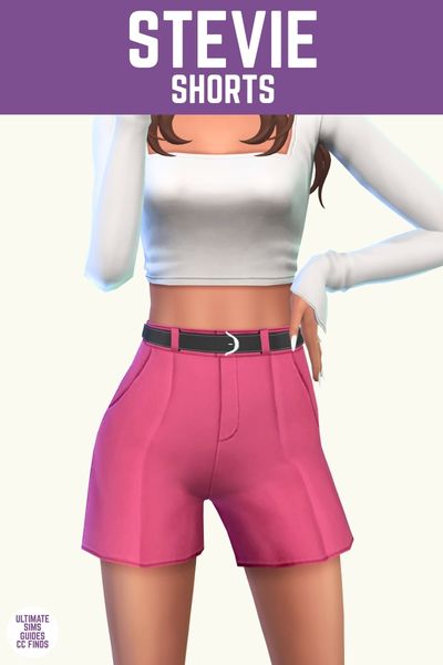 This is a product image for pieces from the supernova set. This image has a purple bar at the top with white text that says "Stevie Shorts" and below is a sim from the chest down. The sim is wearing a white long-sleeve shirt and high-waisted bright pink shorts. 