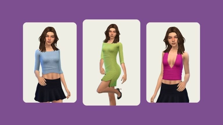 This image has a purple background with three rounded-edge rectangles. Inside of these rectangles are images of the same sim three times posed in various items from the sunday set