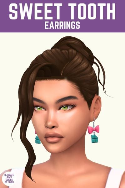 This image has a purple bar at the top with white text that says "Sweet Tooth Earrings" and below is a sim who is wearing earrings with a bow and a chocolate bar with a bite out of it 