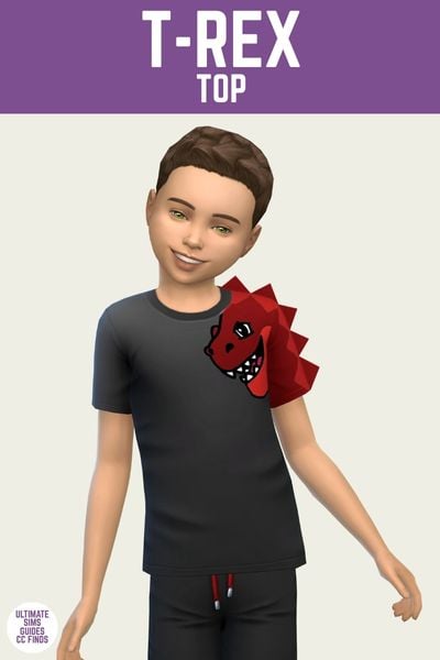 This is a product image for an item from The Playground Set by Joliebean. This image has a purple bar at the top with white text that says "T-Rex Top" and below is a male sim child. This child has brown hair and is wearing black shorts with a black shirt with one arm being a dinosaur with sparks. 