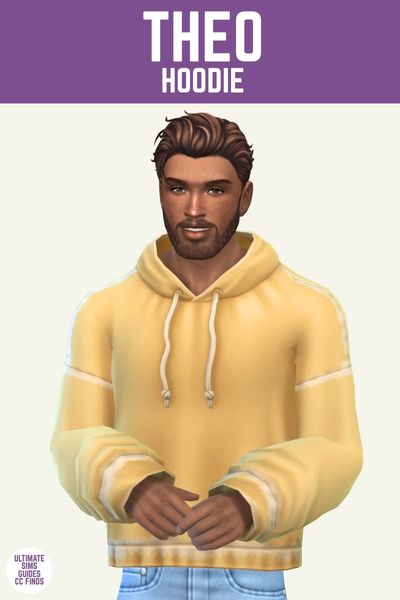 This is a product image for items from the vetier collection of sims cc. This image has a purple bar at the top with white text that says "Theo Hoodie" and below is a sim posed from the waist up. They have brown hair and are wearing a yellow hoodie 