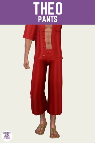This is a product image for cc pieces from the laguna set. The image has a purple bar at the top with white text that reads "Theo pants" and below is a sim from the chest down wearing loose fitting red pants 