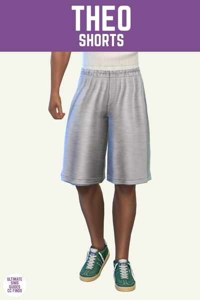 This is a product image for items from the vetier collection of sims cc. This image has a purple bar at the top with white text that says "Theo Shorts" and below is a sim from the waist down. The sim is wearing a white tank top, grey heathered shorts and green sneakers. 