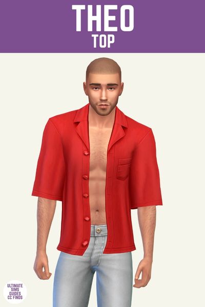 This is a product image for cc pieces from the laguna set. The image has a purple bar at the top with white text that reads "Theo Top" and below is a male sim from the knees up. The sim has a shaved head with stubble on their head and face. They are wearing grey jeans and an open button down red t-shirt. 