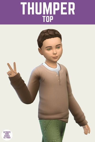 This is a product image for an item from The Playground Set by Joliebean. This image has a purple bar at the top with white text that says "Thumper Top" and below is a sim male child posed with a peace sign. They are wearing green pants and a white t-shirt under a henley shirt. 