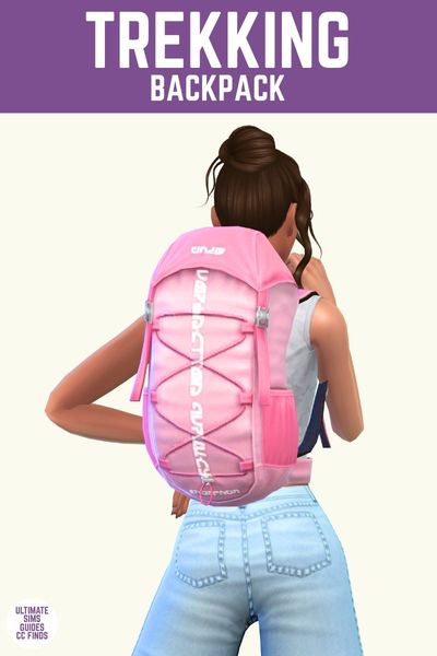 This image has a purple bar at the top with white text that says "Trekking Backpack" and below is a sim facing away wearing denim jeans and a large pink backpack bag 