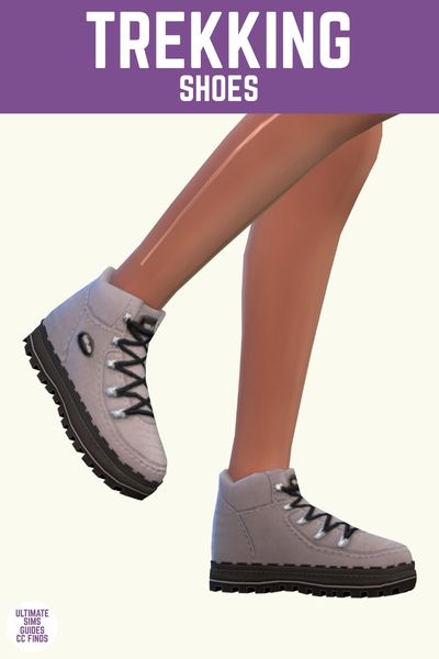 This image has a purple bar at the top with white text that says "Trekking Shoes" and below is a close up of a sim's legs and shoes 
