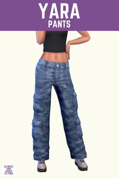 This image has a purple bar at the top with white text that says "Yara Pants" and below is a sim from the waist down and they are wearing blue camo cargo pants 