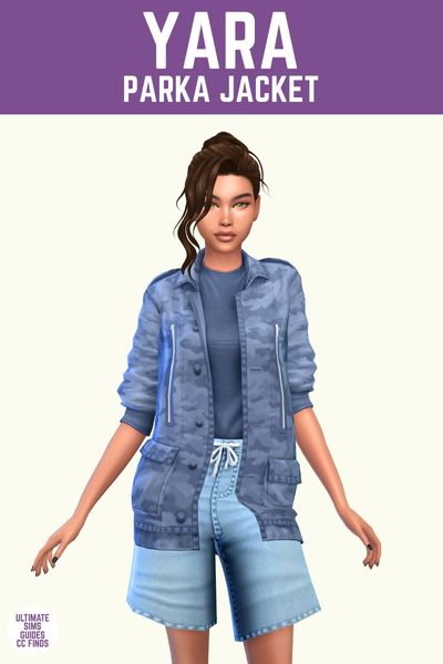 This image has a purple bar at the top with white text that says "Yara Parka Jacket" and below is a sim wearing long denim shorts, a blue t-shirt and a camo jacket with the sleeves pushed up above the elbow 