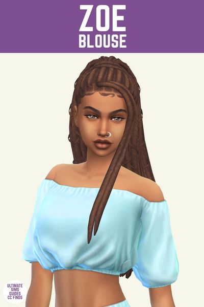 This is a product image for cc pieces from the laguna set. The image has a purple bar at the top with white text that reads "Zoe Blouse" and below is a sim posed from the waist up. The sim has brown dreads in a pony tail and is wearing a cropped off the shoulder baby blue top 
