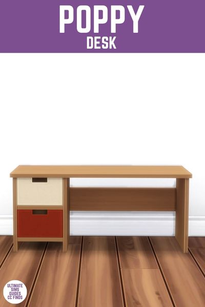 This is a product image for office furniture from the Poppy Office by Myshunosun. This image has a purple bar at the top with white text that says "Poppy Desk" and below is a wooden desk with two drawers, one white and one red 
