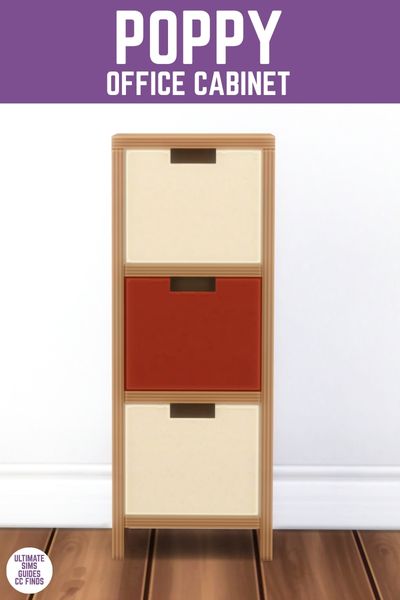 This is a product image for office furniture from the Poppy Office by Myshunosun. This image has a purple bar at the top with white text that says "poppy office cabinet" and below is a three drawer wooden office cabinet 