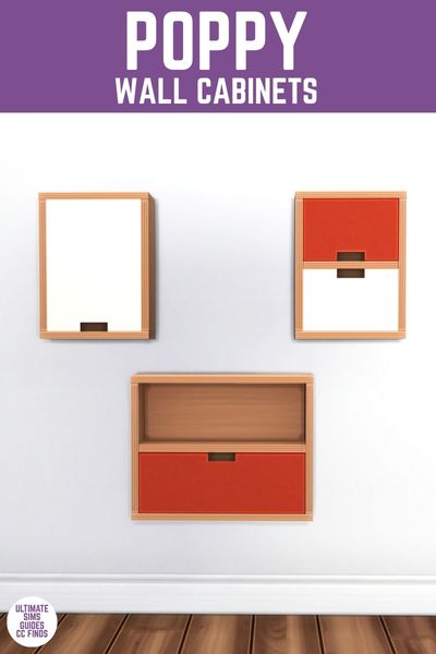 This is a product image for office furniture from the Poppy Office by Myshunosun. This image has a purple bar at the top with white text that says "poppy wall cabinets" and below are three different shaped wooden wall cabinets on a wall 