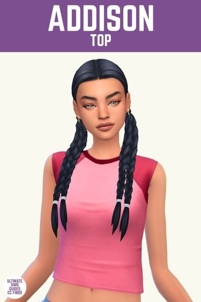 This image has a purple bar at the top with white text that says "Addison Top" and below is a sim with braided pigtails wearing a ringer style pink top 