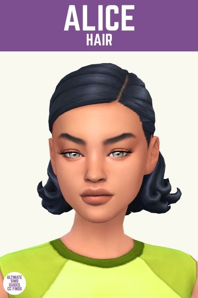 This image has a purple bar at the top with white text that says "Alice Hair" and below is a sim from the chest up with chin length hair 