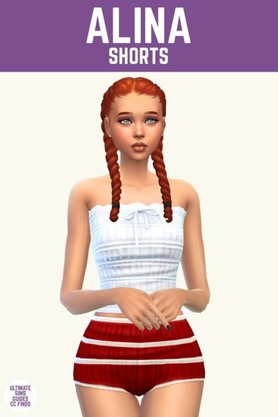 This image has a purple bar at the top with white text that says "Alina Shorts" and below is a sim with red hair wearing a strapless white top and a pair of red shorts. 