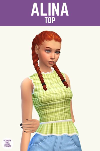 This image has a purple bar at the top with white text that says "Alina Top" and below is a sim with red hair in braids. They are wearing blue jeans and a green sleeveless top with ruching 