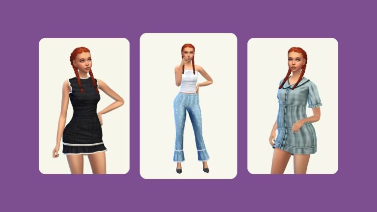 This image has a purple background with three rounded edge rectangles. Inside of those rectangles is a sim with red hair in braids. This sim is wearing different dresses in two and pants and a strapless top in the middle image