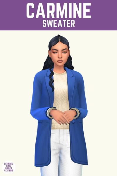 This image has a purple bar at the top with white text that says "Carmine Sweater" and below is a sim with black hair wearing a beige sweater under a blue blazer with white jeans 