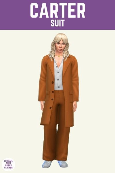 This image has a purple bar at the top with white text that says "Carter Suit" and below is a sim with blonde hair wearing an orange suit with a white button down top and white sneakers 