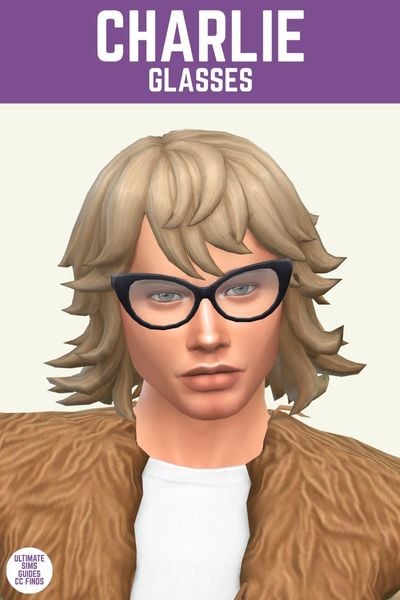 This image has a purple bar at the top with white text that says "Charlie Glasses" and below is a male sim wearing a pair of cat eye glasses 