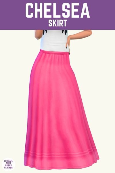 This image has a purple bar at the top with white text that says "Chelsea Skirt" and below is a sim from the waist down wearing a white shirt with a hot pink maxi skirt 