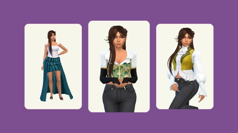 This image has a purple background with images of a sim with brown hair on top. These images have rounded edges and the sim is in different royal looking clothes