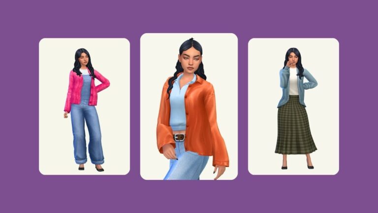 This image has a purple background with three rounded-edge rectangles. Inside of those rectangles is the same sim in different poses wearing various cozy autumn themed clothing.