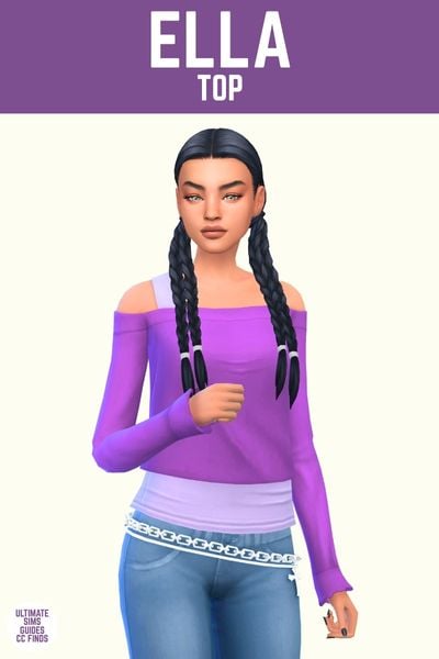 This image has a purple bar at the top with white text that says "Ella Top" and below is a sim wearing an off the shoulder purple top with a lighter purple tank top underneath 