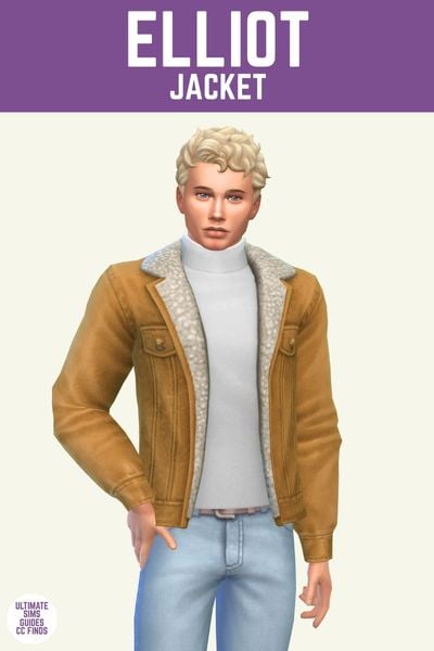 This image has a purple bar at the top with white text that says "Elliot Jacket" and below is a blonde male sim wearing blue jeans, a white top and a yellow jacket with sherpa lining. 
