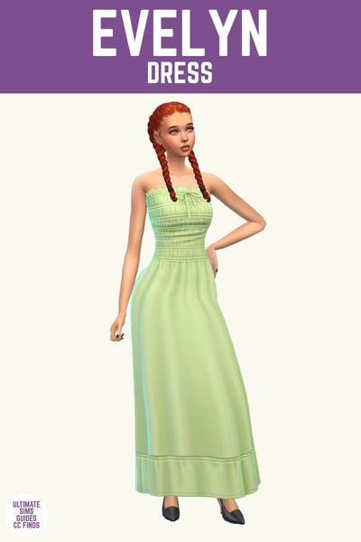 This image has a purple bar at the top with white text that says "Evelyn Dress" and below is a sim with red hair who is wearing a light green strapless dress. 