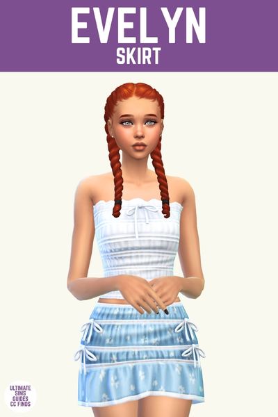 This image has a purple bar at the top with white text that says "Evelyn Skirt" and below is a sim with red hair wearing a white strapless top and a light blue skirt with bows and flowers. 