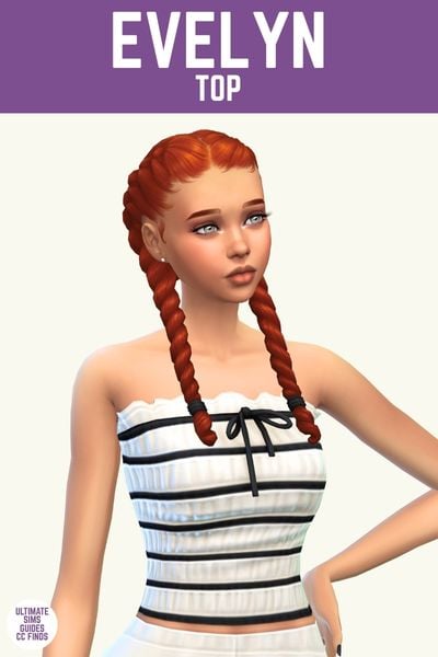 This image has a purple bar at the top with white text that says "Evelyn Top" and below is a sim with red hair in braids who has a white strapless top with black lines across and a small black bow 