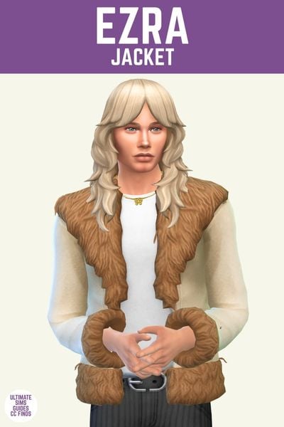 This image has a purple bar at the top with white text that says "Ezra Jacket" and below is a sim wearing a beige jacket with brown fur around the edges 