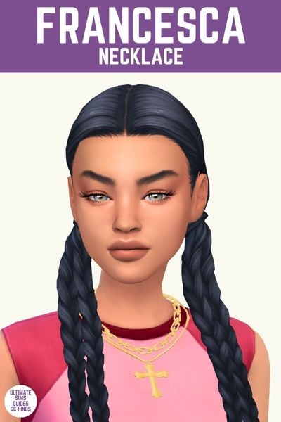 This image has a purple bar at the top with white text that says "Francesca Necklace" and below is a close up of a sim wearing a pink top and a layered necklace with a large chain 