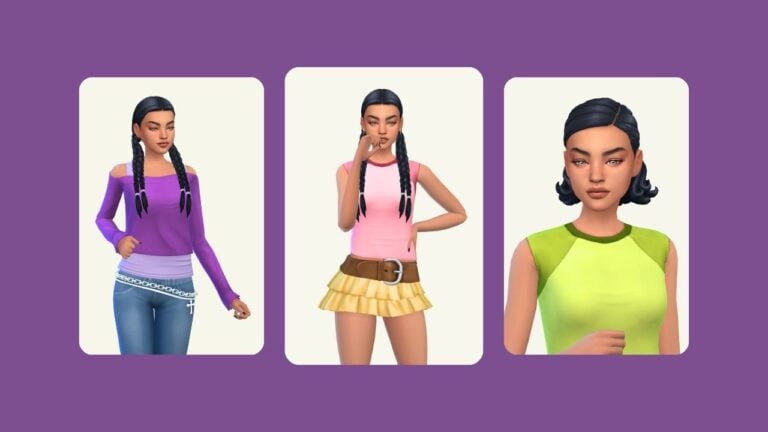 This image has a purple background with three rounded-edge rectangles and inside of those rectangles are images of the same sim in different clothes from a cas collection.